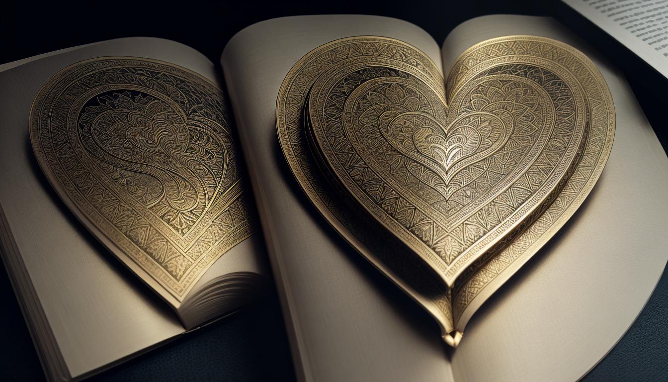  digital illustration, A balanced scale with one side holding a heart and the other side holding a book, heart detailed with veins and textures, book with intricate cover design, scales in gold, alignment with values and needs, looking at viewer, dynamic pose, (intricate details, masterpiece, best quality)