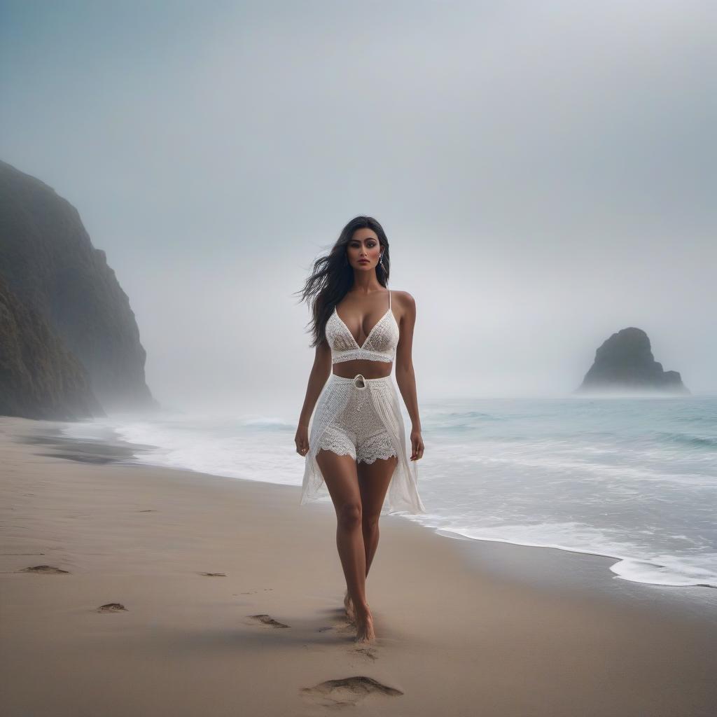  A beautiful on the beach hyperrealistic, full body, detailed clothing, highly detailed, cinematic lighting, stunningly beautiful, intricate, sharp focus, f/1. 8, 85mm, (centered image composition), (professionally color graded), ((bright soft diffused light)), volumetric fog, trending on instagram, trending on tumblr, HDR 4K, 8K