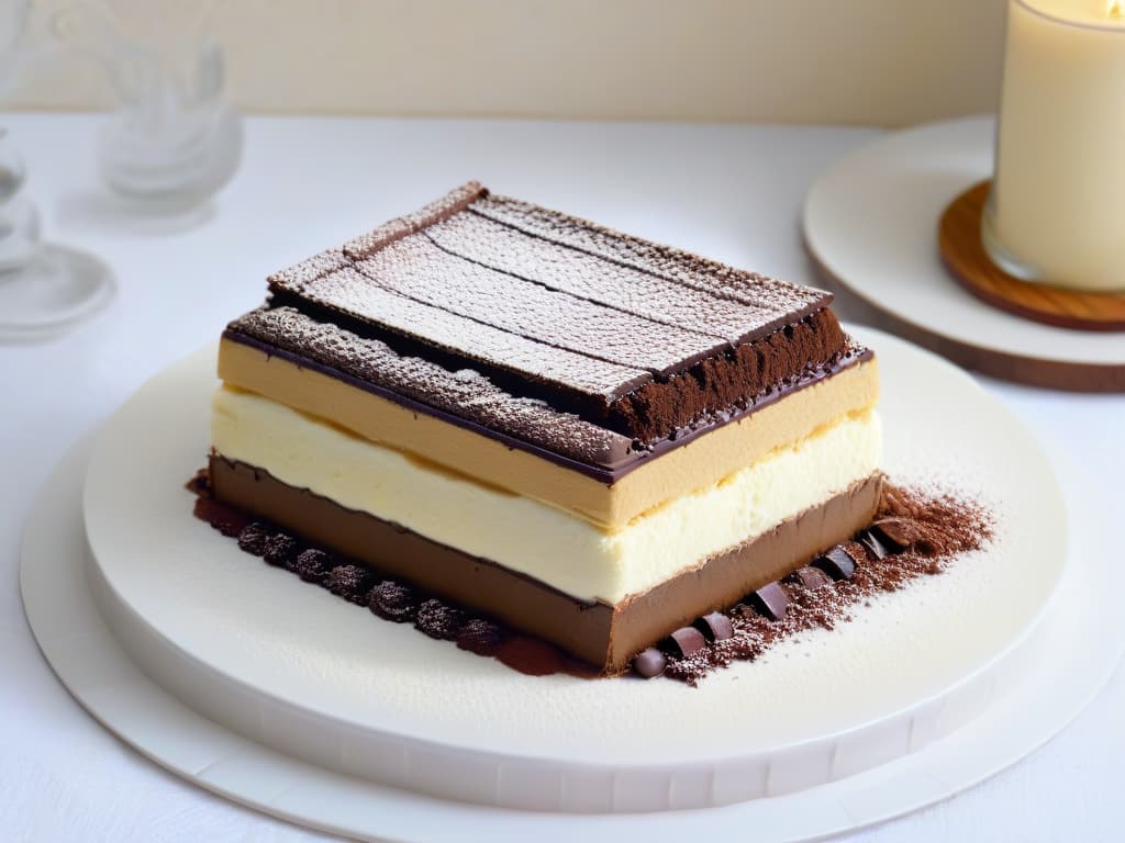  An elegant closeup image of a light and airy tiramisú dessert, showcasing delicate layers of mascarpone cream, espressosoaked ladyfingers, and a dusting of cocoa powder on top. The presentation is immaculate, with a focus on the creamy texture and rich flavors, inviting viewers to indulge in this healthier twist on the classic Italian dessert. The lighting is soft yet highlighting the details, emphasizing the freshness and appeal of this delightful tiramisú ligero. hyperrealistic, full body, detailed clothing, highly detailed, cinematic lighting, stunningly beautiful, intricate, sharp focus, f/1. 8, 85mm, (centered image composition), (professionally color graded), ((bright soft diffused light)), volumetric fog, trending on instagram, trending on tumblr, HDR 4K, 8K