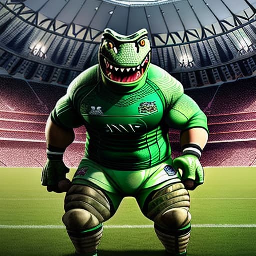  full members of a rugby player crocodile face and body of a crocodile standing in front of big stadium