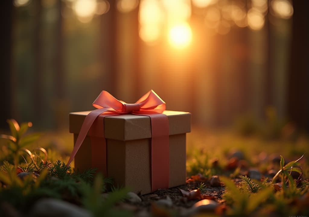  good quality, high quality, decorative gift box with a ribbon placed on a forest floor during sunset, symbolizing surprise