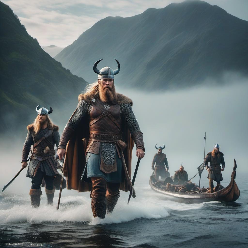  4 Viking(s) far out of the boat go to the land the sun shines hyperrealistic, full body, detailed clothing, highly detailed, cinematic lighting, stunningly beautiful, intricate, sharp focus, f/1. 8, 85mm, (centered image composition), (professionally color graded), ((bright soft diffused light)), volumetric fog, trending on instagram, trending on tumblr, HDR 4K, 8K