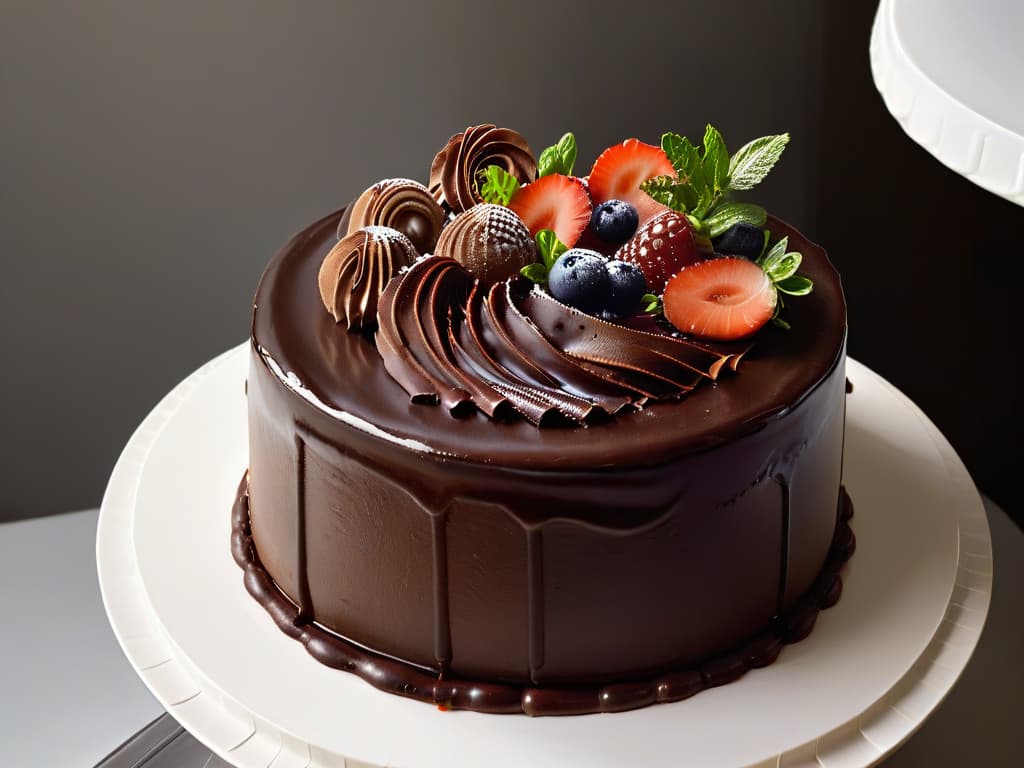  An ultradetailed closeup photograph of a rich, velvety chocolate ganache being drizzled over a decadent chocolate cake. The glossy ganache glistens under a soft spotlight, showcasing its smooth texture and deep, indulgent color. The cake, with intricate layers visible, sits on a sleek, minimalist white plate, creating a visually striking contrast that highlights the luxurious nature of chocolate as a star ingredient in global pastry. hyperrealistic, full body, detailed clothing, highly detailed, cinematic lighting, stunningly beautiful, intricate, sharp focus, f/1. 8, 85mm, (centered image composition), (professionally color graded), ((bright soft diffused light)), volumetric fog, trending on instagram, trending on tumblr, HDR 4K, 8K