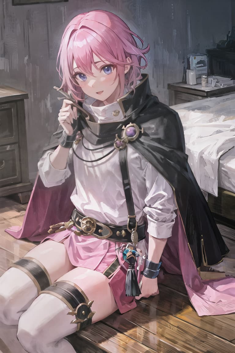  master piece , best quality,Pink hair, male, knight, black cape, blue eyes