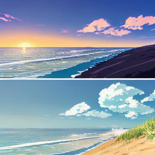  Makoto Shinkai style. seascape. the waves. sandy beach. clouds. grass. sunset. flowers. over-detailed clouds and glass and flowers