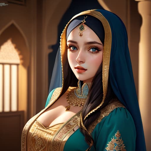  beautiful gorgeous European girl, arabian palace, arabian clothing, Concubine, modest, detailed skin, fine details, hyperdetailed, raytracing, subsurface scattering, diffused soft lighting, sharp focus, vivid