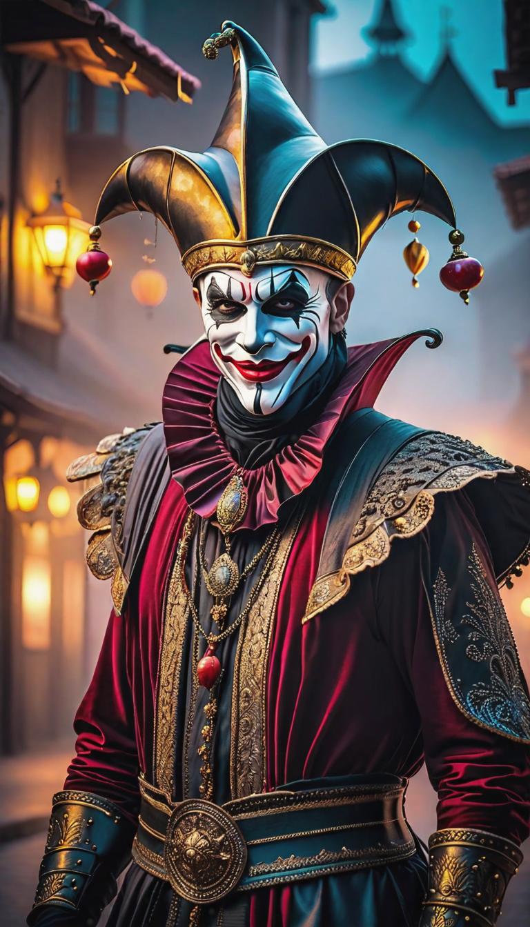  gothic style depiction of a sinister jester in a dark carnival. Dark, mysterious, scary, haunting, dramatic, ornate, detailed. . dark, mysterious, haunting, dramatic, ornate, detailed, hyperrealistic, full body, detailed clothing, highly detailed, cinematic lighting, stunningly beautiful, intricate, sharp focus, f/1. 8, 85mm, (centered image composition), (professionally color graded), ((bright soft diffused light)), volumetric fog, trending on instagram, trending on tumblr, HDR 4K, 8K