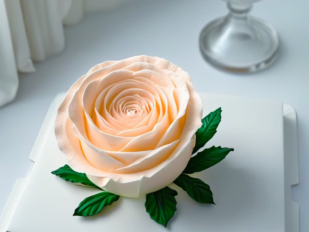  An intricate and delicate sugar sculpture of a blooming rose, showcasing the artistry and skill involved in sugar crafting. The sculpture is set against a clean, white background, emphasizing the fine details and craftsmanship of the piece. Each petal is meticulously crafted, capturing the beauty and elegance of a real rose in stunning realism. hyperrealistic, full body, detailed clothing, highly detailed, cinematic lighting, stunningly beautiful, intricate, sharp focus, f/1. 8, 85mm, (centered image composition), (professionally color graded), ((bright soft diffused light)), volumetric fog, trending on instagram, trending on tumblr, HDR 4K, 8K