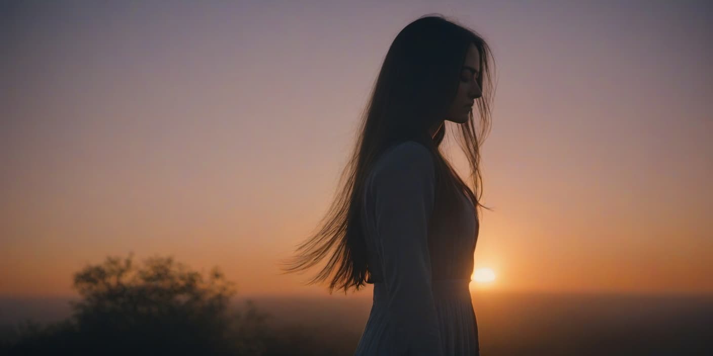  A long haired girl stands with her eyes closed in front of a sunrise, in the background is the silhouette of a man. hyperrealistic, full body, detailed clothing, highly detailed, cinematic lighting, stunningly beautiful, intricate, sharp focus, f/1. 8, 85mm, (centered image composition), (professionally color graded), ((bright soft diffused light)), volumetric fog, trending on instagram, trending on tumblr, HDR 4K, 8K