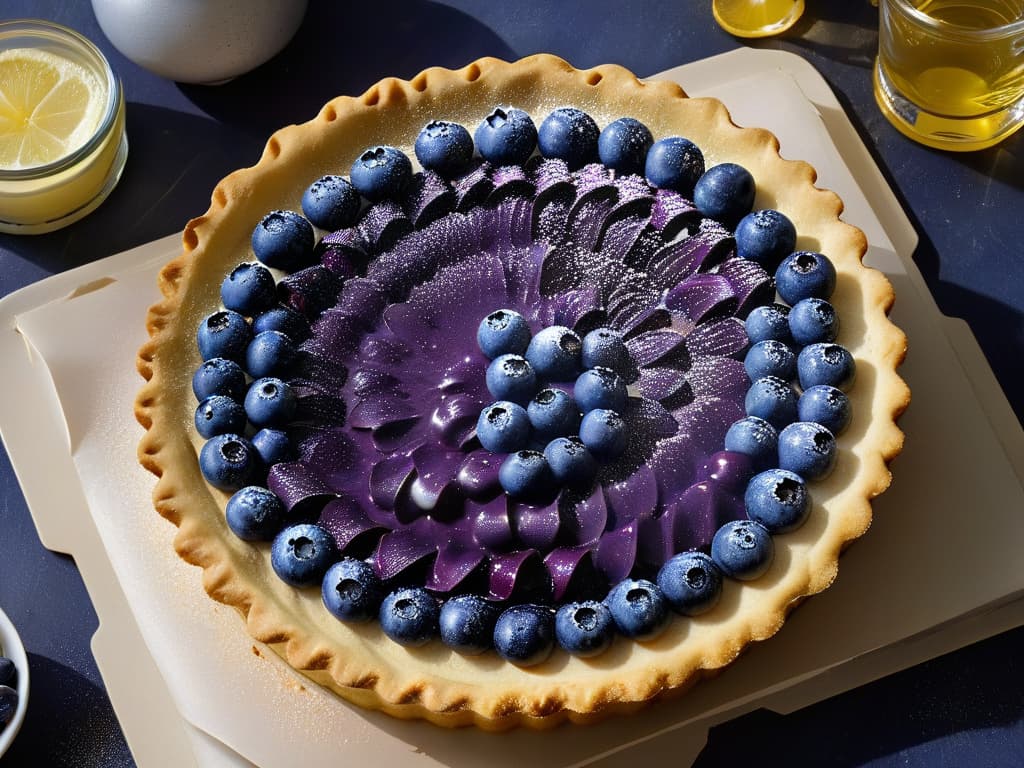  A closeup, ultradetailed image of a freshly baked sugarfree blueberry tart adorned with a delicate arrangement of fresh blueberries on top. The golden crust glistens under a soft natural light, showcasing its flaky texture. Each juicy blueberry is perfectly placed, radiating freshness and inviting the viewer to indulge in this guiltfree dessert option for diabetics. hyperrealistic, full body, detailed clothing, highly detailed, cinematic lighting, stunningly beautiful, intricate, sharp focus, f/1. 8, 85mm, (centered image composition), (professionally color graded), ((bright soft diffused light)), volumetric fog, trending on instagram, trending on tumblr, HDR 4K, 8K