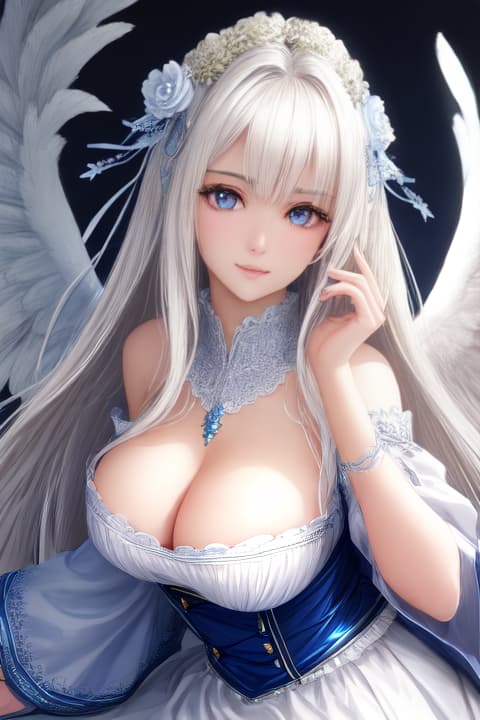  white hair,blues eyes, , 1, , (photo realistic body shot)+, (centered in frame)+, symmetrical face, cute, highly detail eyes, highly detailed face, (both eyes are the same)+, ideal huma, f8, photography, ultra details, Global illumination, soft light, dream light, color photo, neckline,  dress, ((angel))+++, angel wings, , fantasy world, blond hair