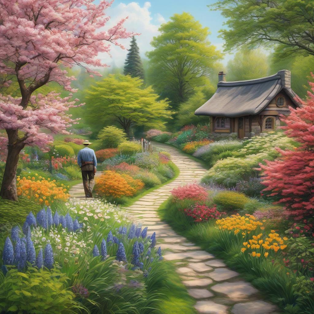  A colorful spring landscape with a winding stone path, a man walking away along the path leading through a lush garden surrounded by flowering trees, shrubs and a small wooden cottage. Realistic pencil drawing hyperrealistic, full body, detailed clothing, highly detailed, cinematic lighting, stunningly beautiful, intricate, sharp focus, f/1. 8, 85mm, (centered image composition), (professionally color graded), ((bright soft diffused light)), volumetric fog, trending on instagram, trending on tumblr, HDR 4K, 8K