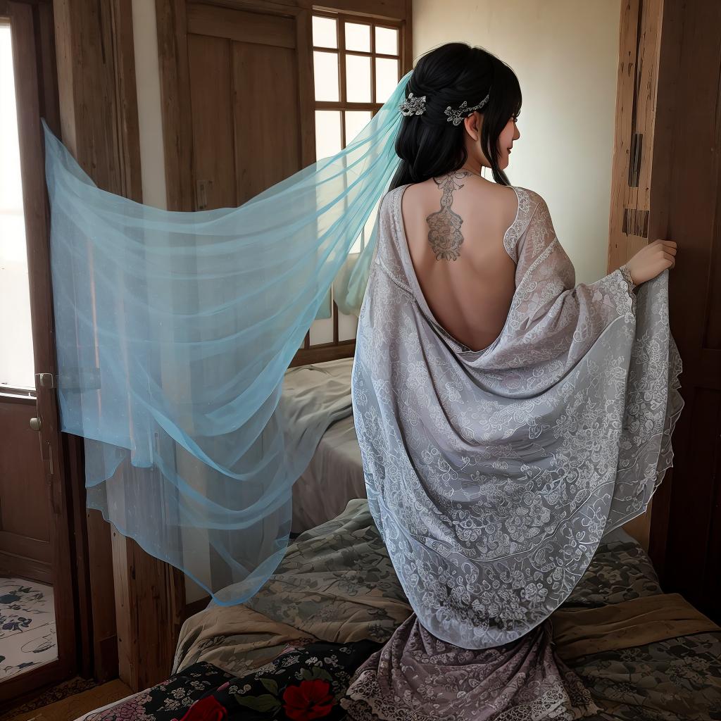  A tattered old bed with an oriental beauty hidden under a veil, her back to the door, smiling back, all the light focused on the beauty's body, the other areas relatively dark.