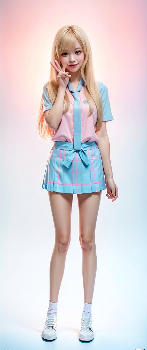  Blond, uniform, long hair, big breasts, big eyes, smiles, pink gradation hair, light blue skirt, GRINNING, peace sign, (Masterpiece, BestQuality:1.3), (ultra detailed:1.2), (hyperrealistic:1.3), (RAW photo:1.2),High detail RAW color photo, professional photograph, (Photorealistic:1.4), (realistic:1.4), ,professional lighting, (japanese), beautiful face, (realistic face)