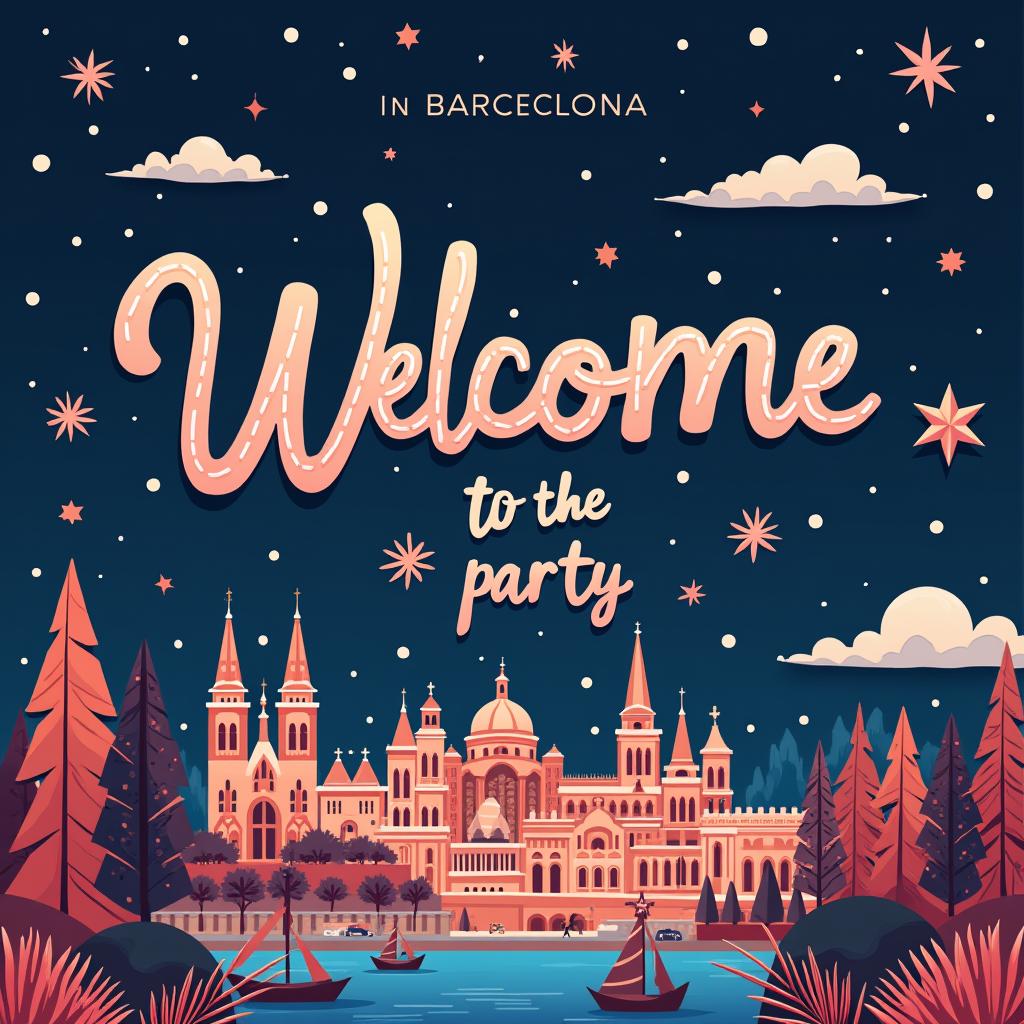  create an instagram story background for the ad promoting a christmas techno party in barcelona featuring shapes of barcelona with subtle christmas elements and a techno culture vibe, flat vector design, write welcome to the party text.