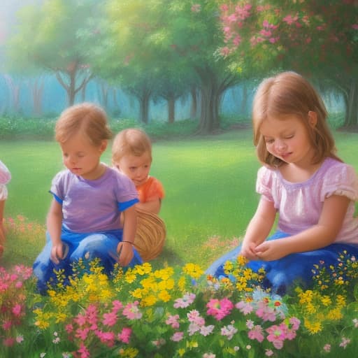 portrait+ style realistic panting, five children playing in a garden, flowers an trees, lots of colores