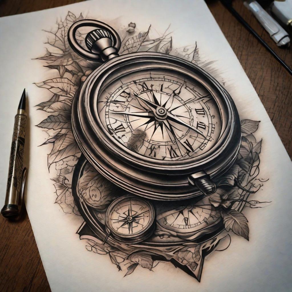  masterpiece, best quality, forearm tattoo of a pocket clock and compass, positioned well between items, half map as main layout, added with shade, split between items, nicely shaded with black ink, short sleeve, perfect detailed of items, 8k resolution, transparent background.