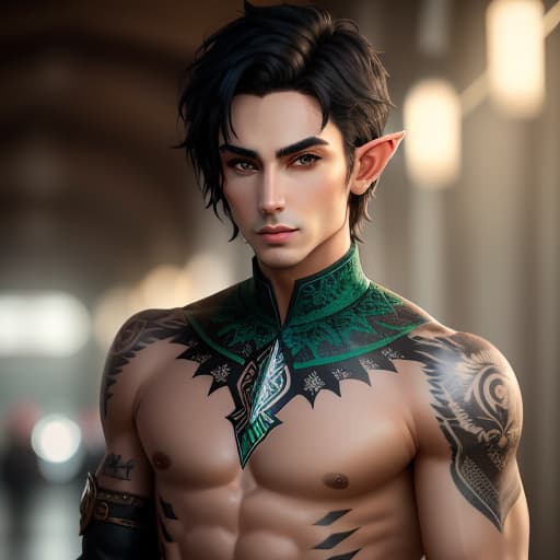  male half-elf with short black hair and green eyes and lots of tattos and has a swimer's build, hyperrealistic, high quality, highly detailed, perfect lighting, intricate, sharp focus, f/1. 8, 85mm, (centered image composition), (professionally color graded), ((bright soft diffused light)), trending on instagram, HDR 4K, 8K