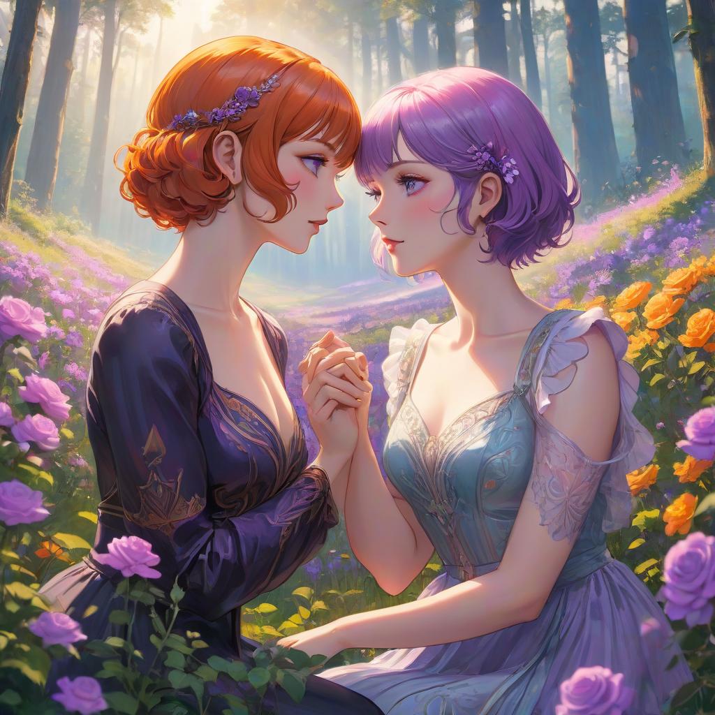  Art Deco style Two adult women are holding hands, looking into each other's eyes affectionately. They are sitting in a field of purple flowers, with a green forest and a double rainbow in the background. The woman on the left has short purple hair with a fringe over her left eye, pale skin, green eyes, and a hooked nose. The other woman has long curly rose colored hair, blue eyes, and a raised nose. They are wearing modern clothing in purple, orange, and yellow tones. . geometric shapes, bold colors, luxurious, elegant, decorative, symmetrical, ornate, detailed hyperrealistic, full body, detailed clothing, highly detailed, cinematic lighting, stunningly beautiful, intricate, sharp focus, f/1. 8, 85mm, (centered image composition), (professionally color graded), ((bright soft diffused light)), volumetric fog, trending on instagram, trending on tumblr, HDR 4K, 8K