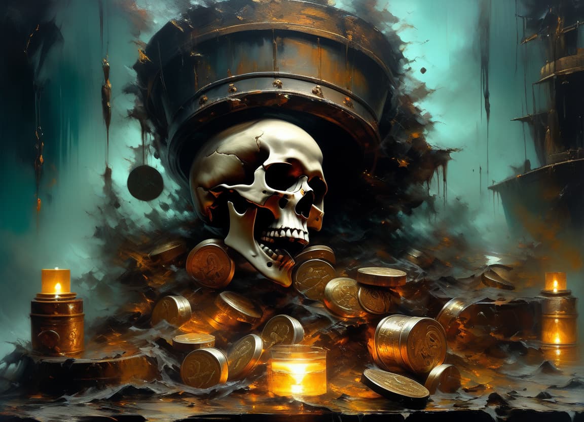  (masterpiece, dark art, surrealism:1.4)a human skull, coins and dice on a barrel in the hold of a ship by the light of a lamp, painted in a (palette knife oil painting style:1.3), (impasto disturbia technique:1.3) akin to (Russ Mills:1.2) and (Alberto Seveso:1.1), abstract horror theme, intricate blending of features, texture rich artwork, eerie color palette with striking contrasts, dynamic composition, evoking a sense of mystery and unease, detailed feathers and flesh intertwining, intense emotion conveyed through the twisted fusion of identities. hyperrealistic, full body, detailed clothing, highly detailed, cinematic lighting, stunningly beautiful, intricate, sharp focus, f/1. 8, 85mm, (centered image composition), (professionally color graded), ((bright soft diffused light)), volumetric fog, trending on instagram, trending on tumblr, HDR 4K, 8K