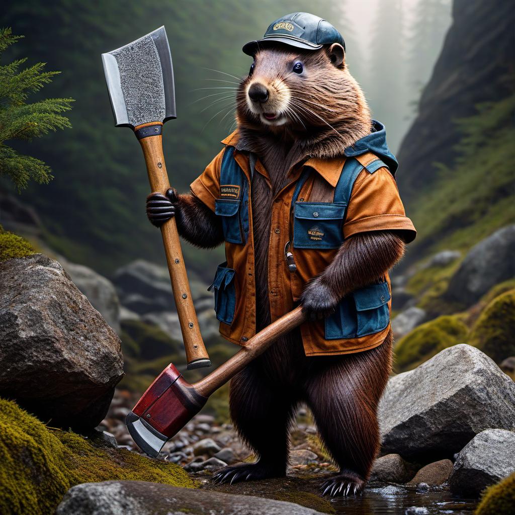  hyperrealistic art Beaver in working clothes, holding an axe in his hand, the axe lies on his shoulder. Gathering diamonds from rocks. . extremely high resolution details, photographic, realism pushed to extreme, fine texture, incredibly lifelike hyperrealistic, full body, detailed clothing, highly detailed, cinematic lighting, stunningly beautiful, intricate, sharp focus, f/1. 8, 85mm, (centered image composition), (professionally color graded), ((bright soft diffused light)), volumetric fog, trending on instagram, trending on tumblr, HDR 4K, 8K