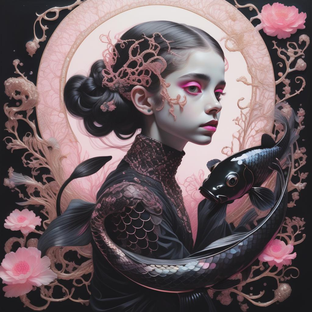  photo RAW, (Black, neon pink and magenta : Portrait of 2 ghostly long tailed black koi, hispanic brown woman, shiny aura, highly detailed, black pearls, gold and coral filigree, intricate motifs, organic tracery, Kiernan Shipka, Januz Miralles, Hikari Shimoda, glowing stardust by W. Zelmer, perfect composition, smooth, sharp focus, sparkling particles, lively coral reef colored background Realistic, realism, hd, 35mm photograph, 8k), masterpiece, award winning photography, natural light, perfect composition, high detail, hyper realistic hyperrealistic, full body, detailed clothing, highly detailed, cinematic lighting, stunningly beautiful, intricate, sharp focus, f/1. 8, 85mm, (centered image composition), (professionally color graded), ((bright soft diffused light)), volumetric fog, trending on instagram, trending on tumblr, HDR 4K, 8K