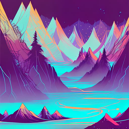 nvinkpunk Whimsical mountains with trees and water