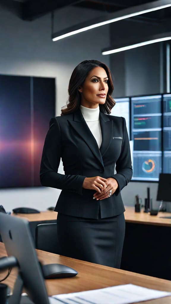  (A well lit, modern office space with rows of desks and computer monitors. In the center, a confident and professional looking woman with dark hair and a smart business attire is standing at the front of the room, presenting data on a large display screen to a group of enthusiastic clients seated around a conference table. The clients are leaning forward, engaged and impressed with the woman's presentation.) hyperrealistic, full body, detailed clothing, highly detailed, cinematic lighting, stunningly beautiful, intricate, sharp focus, f/1. 8, 85mm, (centered image composition), (professionally color graded), ((bright soft diffused light)), volumetric fog, trending on instagram, trending on tumblr, HDR 4K, 8K