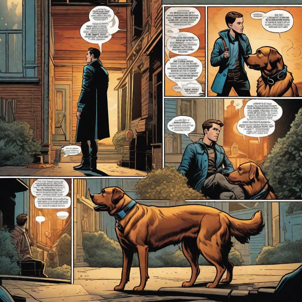  comic style page with 6 areas each area depicting a different stage between a boy and his dog with chat bubbles above everyone hyperrealistic, full body, detailed clothing, highly detailed, cinematic lighting, stunningly beautiful, intricate, sharp focus, f/1. 8, 85mm, (centered image composition), (professionally color graded), ((bright soft diffused light)), volumetric fog, trending on instagram, trending on tumblr, HDR 4K, 8K