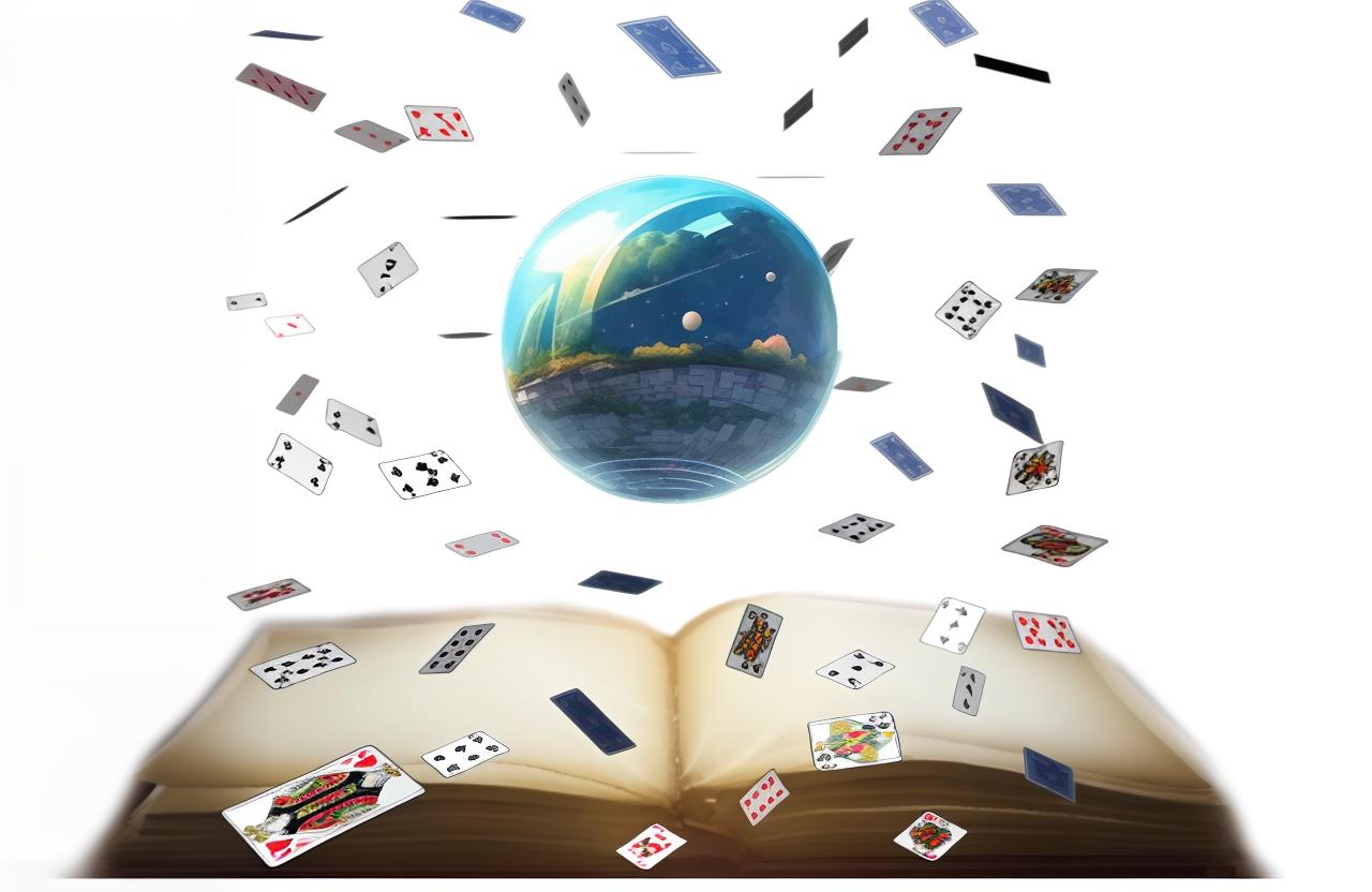  masterpiece, best quality, an open book with playing cards revolving around a sphere