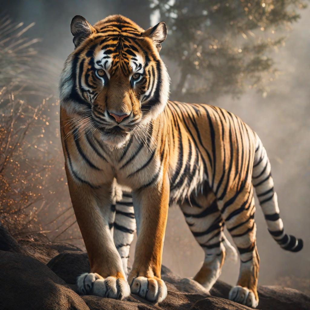  Tigre con cuernos de alce hyperrealistic, full body, detailed clothing, highly detailed, cinematic lighting, stunningly beautiful, intricate, sharp focus, f/1. 8, 85mm, (centered image composition), (professionally color graded), ((bright soft diffused light)), volumetric fog, trending on instagram, trending on tumblr, HDR 4K, 8K