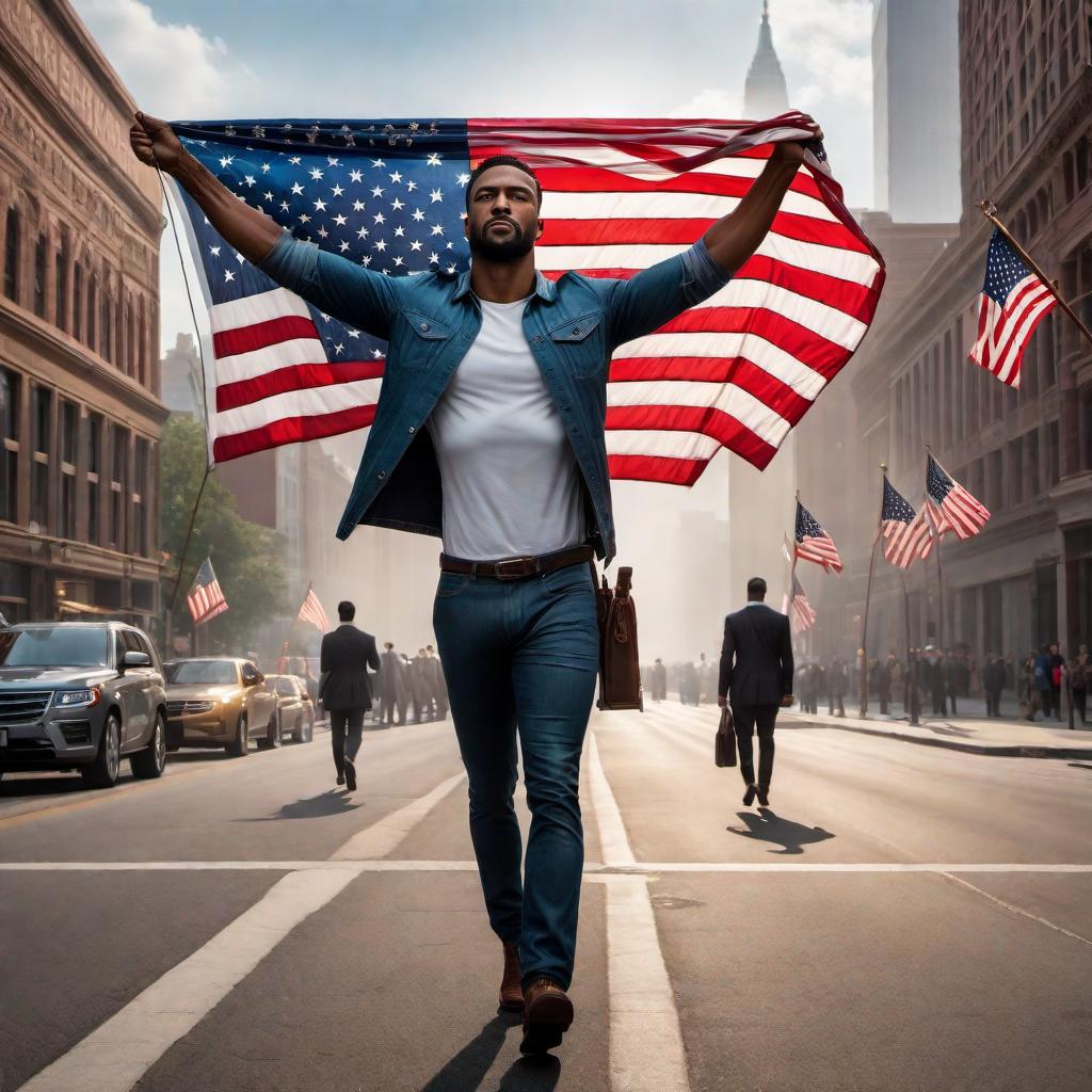  An inspiring image representing the American Dream, featuring symbols such as the American flag, a diverse group of people pursuing their dreams, and the idea of opportunity and success. The image should convey hope, ambition, and the resilience associated with the American Dream. hyperrealistic, full body, detailed clothing, highly detailed, cinematic lighting, stunningly beautiful, intricate, sharp focus, f/1. 8, 85mm, (centered image composition), (professionally color graded), ((bright soft diffused light)), volumetric fog, trending on instagram, trending on tumblr, HDR 4K, 8K