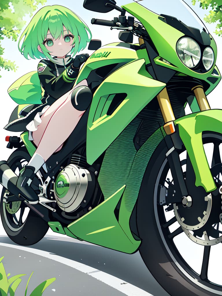  Motorcycle green hair character, masterpiece, best quality,8k,ultra detailed,high resolution,an extremely delicate and beautiful,hyper detail