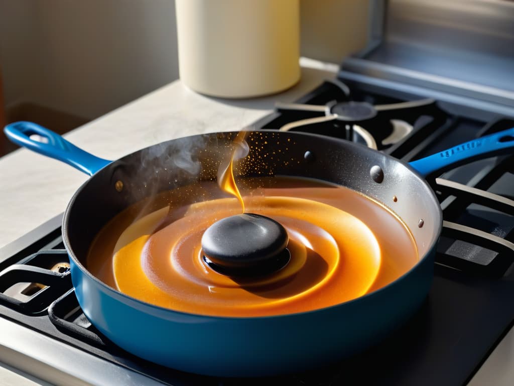  An ultradetailed closeup image of a copper saucepan on a gas stove, with golden caramel bubbling and swirling inside, capturing the precise moment before it reaches the perfect amber hue. The flames beneath the pan cast a warm, flickering glow on the kitchen counter, emphasizing the intricate textures and colors of the bubbling caramel as it undergoes the transformative process of caramelization. The play of light and shadow highlights the meticulous technique required to achieve this stage of sugar caramelization, creating a visually captivating and educational visual aid for the article. hyperrealistic, full body, detailed clothing, highly detailed, cinematic lighting, stunningly beautiful, intricate, sharp focus, f/1. 8, 85mm, (centered image composition), (professionally color graded), ((bright soft diffused light)), volumetric fog, trending on instagram, trending on tumblr, HDR 4K, 8K