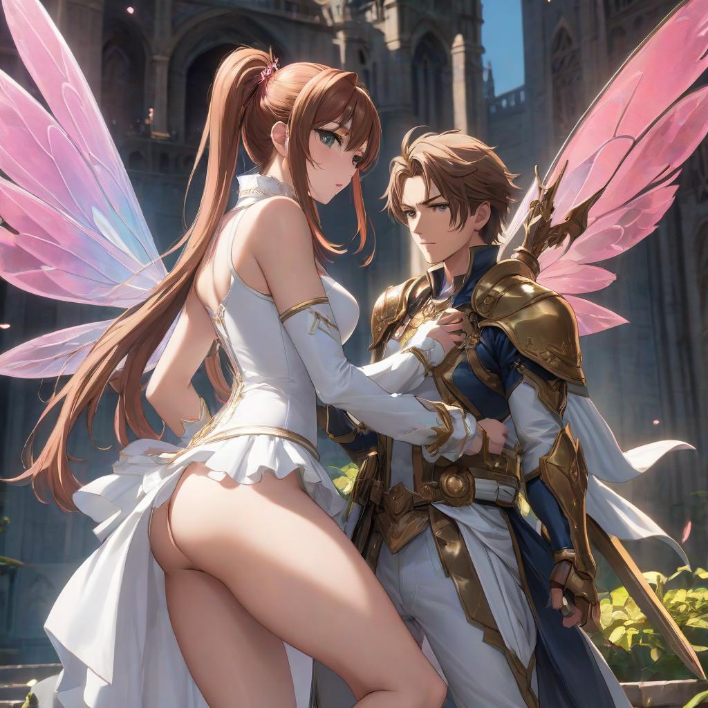  anime artwork Vixens. Two characters. Fairy Bloom with a paladin man in white clothes. The man has brown hair tied in a ponytail and hazel eyes. There are small freckles on his cheeks. . anime style, key visual, vibrant, studio anime, highly detailed hyperrealistic, full body, detailed clothing, highly detailed, cinematic lighting, stunningly beautiful, intricate, sharp focus, f/1. 8, 85mm, (centered image composition), (professionally color graded), ((bright soft diffused light)), volumetric fog, trending on instagram, trending on tumblr, HDR 4K, 8K