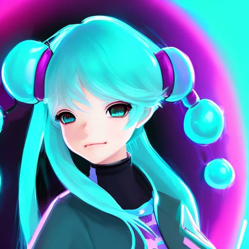 portrait+ style miku Hatsune. hair in a bang hairstyle. tinycore. cute cartoonishe designs. a digital illustration. kawaii punk.