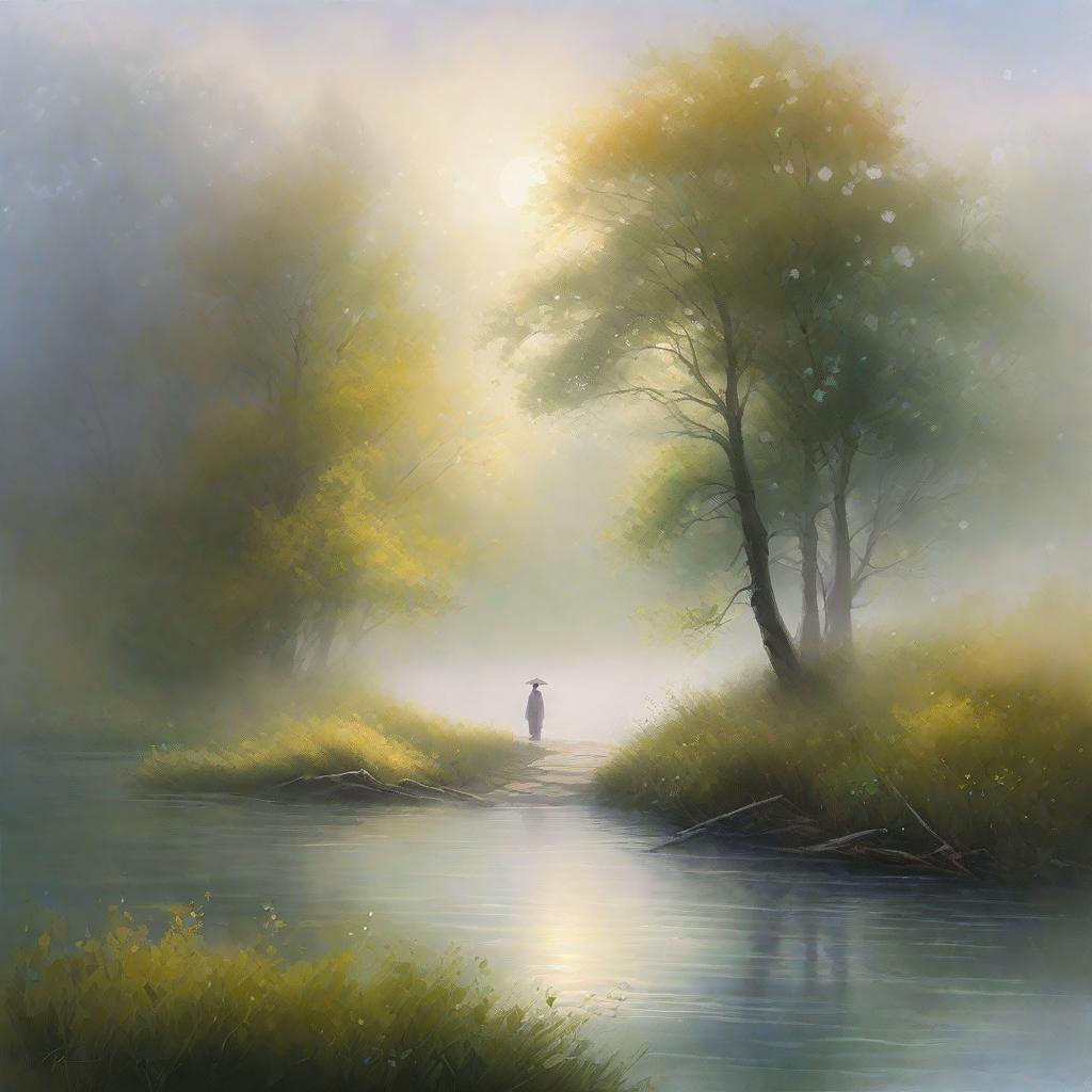  The son stands by the misty lake, tears streaming down his face. He reaches out to his mother, who appears in the mist. The environment is quiet, tall willows surround the lake, and long branches sway gently in the breeze. The mood is sweet and eager because the son longs to be reunited with his mother. The style is a soft and ethereal painting, soft colors and soft strokes. Soft light shines through the mist, casting a dreamy light on the scene. The implementation is a digital painting, created using a tablet and Photoshop.