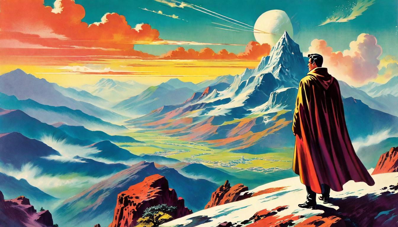  retro futuristic A figure standing atop a mountain, cloak billowing in the wind, looking over a valley of transforming landscapes, embodying grace and confidence in times of change. Mountain stance, Transforming landscapes, Grace in change. lvintage sci fi, 50s and 60s style, atomic age, vibrant, highly detailed