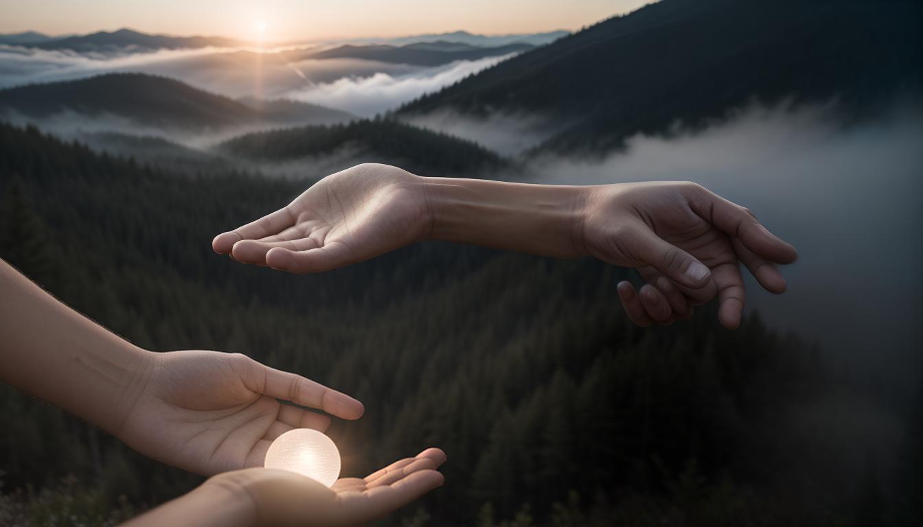  cinematic, aesthetic, Open hands reaching towards a distant, glowing orb, hands detailed with delicate skin texture, orb radiant, shrouded in mist, hands expressing longing, hope, vulnerability, 4k, HDR, lens flare