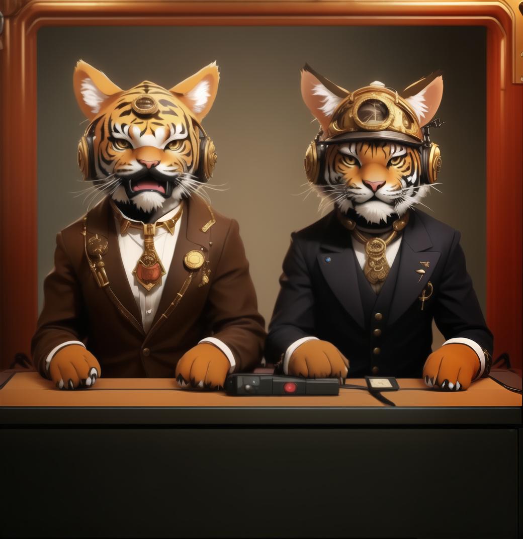  A steampunk tigers with mic sitting in a studio, geometric design, Professional portrait of two news television anchors, on live tv, a female and a male tigers. , nijistyle, high quality, highly detailed, cinematic lighting, intricate, sharp focus, f/1. 8, 85mm, (centered image composition), (professionally color graded), ((bright soft diffused light)), volumetric fog, trending on instagram, HDR 4K, 8K