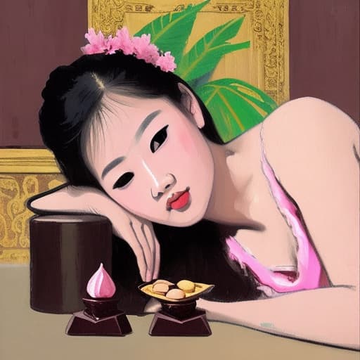  Attractive Beautiful young Thai reclining with moist pink open lips. Forground is plates of fine dark chocolates. Background is a Thai palace. Painting style of Edgar Degas