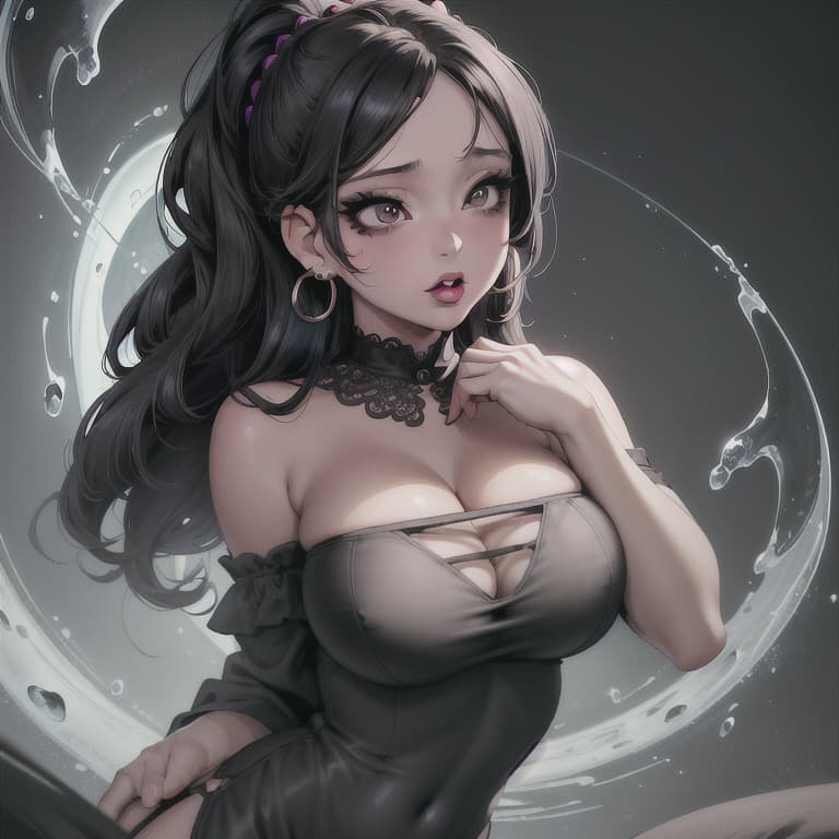  (8K, high resolution), (masterpiece, best quality:1.2), highres, perfect anatomy,huge bosom anime girl with curvaceous body and hoop earrings luscious lips tight black dress black lipstick mole on chin long eyelashes off shoulder,light particles, soft lighting, volumetric lighting, intricate details, finely detailed