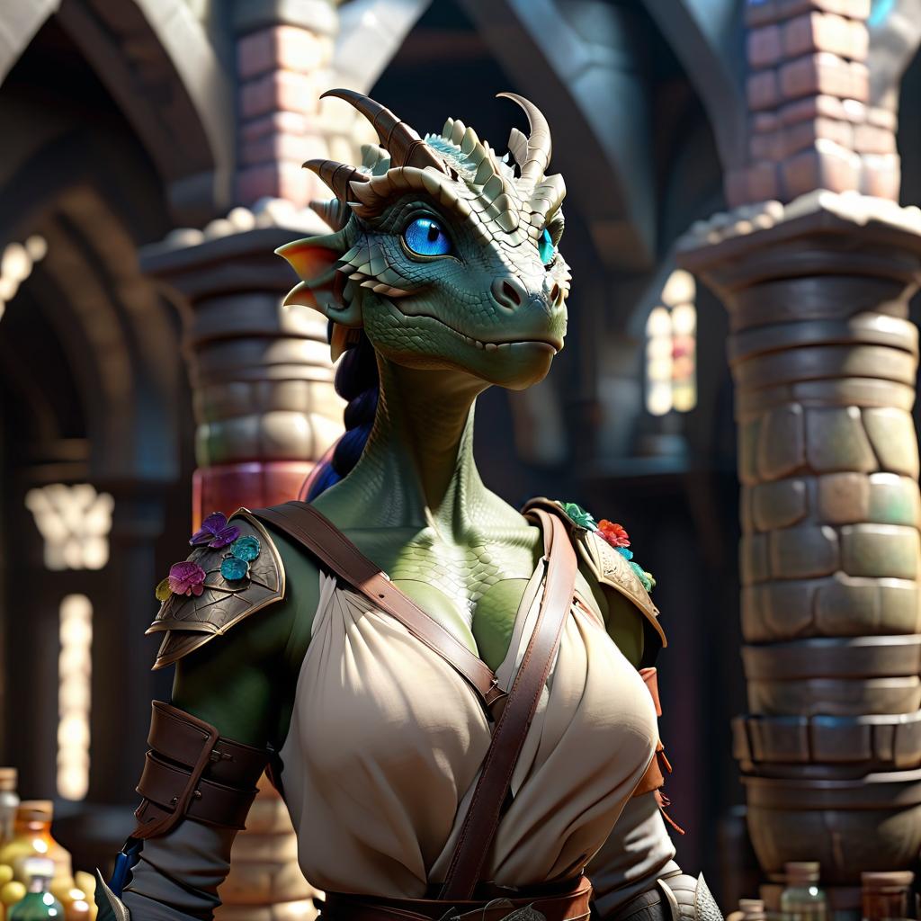  a woman, an Argonian, an alchemist with blue eyes, ash colored scales, a two handed sword on her back, surrounded by a bunch of colorful bottles with ingredients and potions, a rapier and a backpack in the corner of the room hyperrealistic, full body, detailed clothing, highly detailed, cinematic lighting, stunningly beautiful, intricate, sharp focus, f/1. 8, 85mm, (centered image composition), (professionally color graded), ((bright soft diffused light)), volumetric fog, trending on instagram, trending on tumblr, HDR 4K, 8K