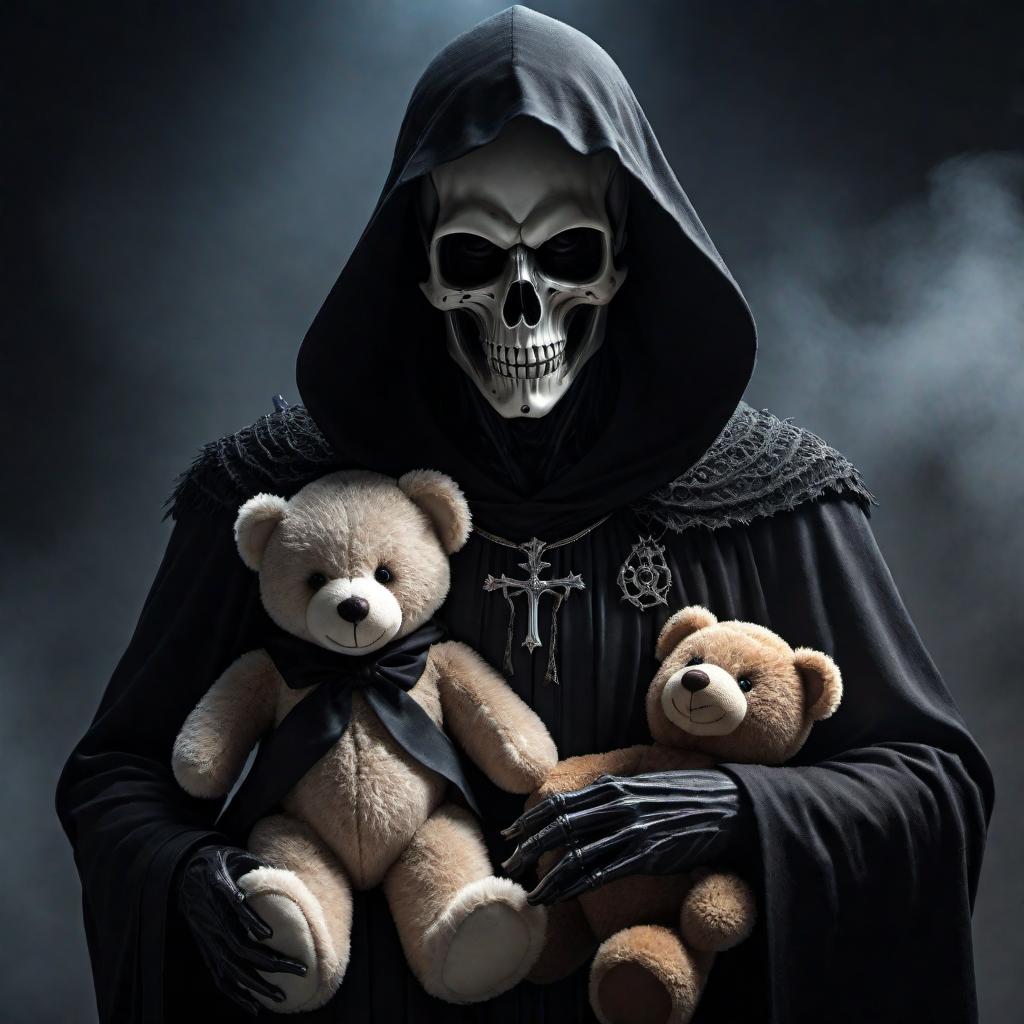  A dark, atmospheric image of the Grim Reaper holding a teddy bear, combining elements of menace and innocence. The reaper should appear as a shadowy figure in a hooded cloak with a scythe in one hand and a soft, cuddly teddy bear in the other. The scene is illuminated by a soft, ghostly light that highlights the contrasting symbols of death and childhood comfort. hyperrealistic, full body, detailed clothing, highly detailed, cinematic lighting, stunningly beautiful, intricate, sharp focus, f/1. 8, 85mm, (centered image composition), (professionally color graded), ((bright soft diffused light)), volumetric fog, trending on instagram, trending on tumblr, HDR 4K, 8K