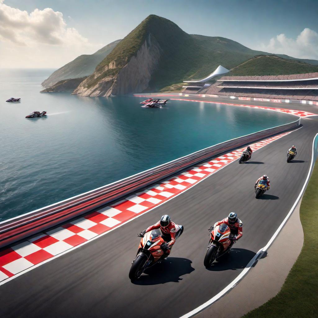  Create an image of a futuristic Race Island with motorcycles. There should be elaborate floating highways high in the air. The motorcycles are sleek, aerodynamic and look highly advanced, perhaps with elements indicating anti-gravity or other futuristic propulsion. The highways should weave through the air with loops, steep inclines, and sharp turns to show a thrilling race course. The island below is equipped with racing facilities, team garages and spectator stands. The scene is set against a backdrop of a wide ocean, highlighting the isolation and exclusivity of the race. Glowing barriers, speed trails from the motorcycles, and dynamic lighting should capture the fast-paced energy of the setting. hyperrealistic, full body, detailed clothing, highly detailed, cinematic lighting, stunningly beautiful, intricate, sharp focus, f/1. 8, 85mm, (centered image composition), (professionally color graded), ((bright soft diffused light)), volumetric fog, trending on instagram, trending on tumblr, HDR 4K, 8K