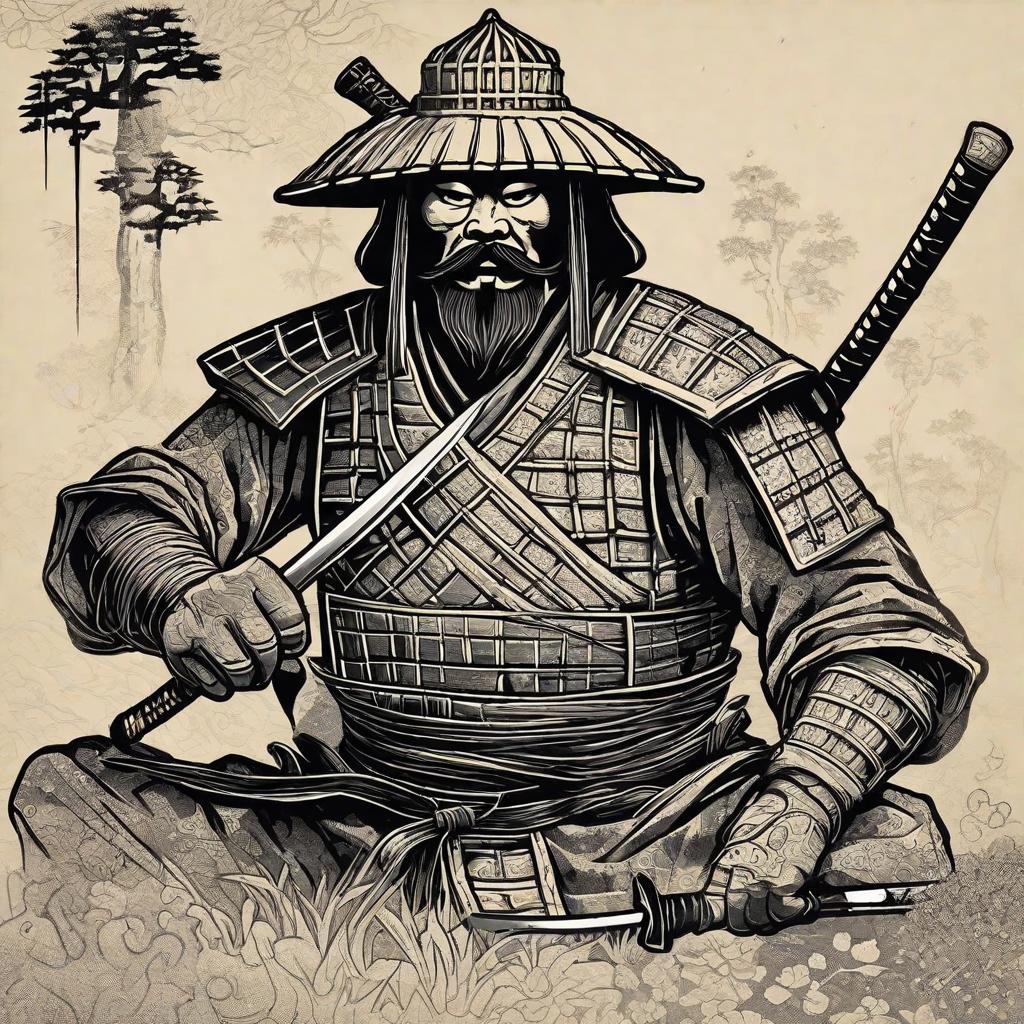  masterpiece, best quality, japanese samurai, righing hand holding the long sword, black and white custom, whole body, face front, standing, no hat, hot face, long hair, beard and mustache