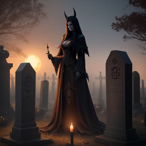  Graveyard, a necromancer next to a tombstone, a pumpkin for Halloween next to her, a pentagram, a skull, candles, a knife, piercing, , black hair, sunset evening, occultism, bat, book, occultism. hyperrealistic, full body, detailed clothing, highly detailed, cinematic lighting, stunningly beautiful, intricate, sharp focus, f/1. 8, 85mm, (centered image composition), (professionally color graded), ((bright soft diffused light)), volumetric fog, trending on instagram, trending on tumblr, HDR 4K, 8K