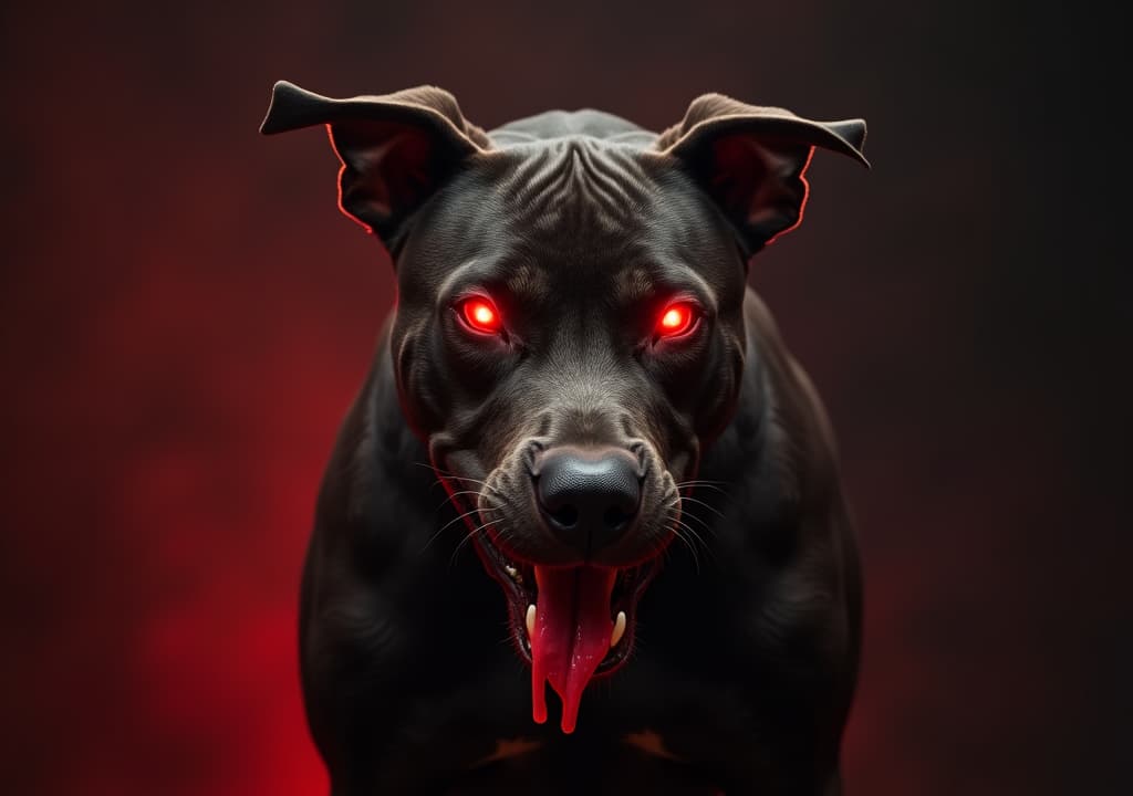  good quality, high quality, a demonic pitbull that has scary all red eyes, and it looks evil and salivates lava, plain background