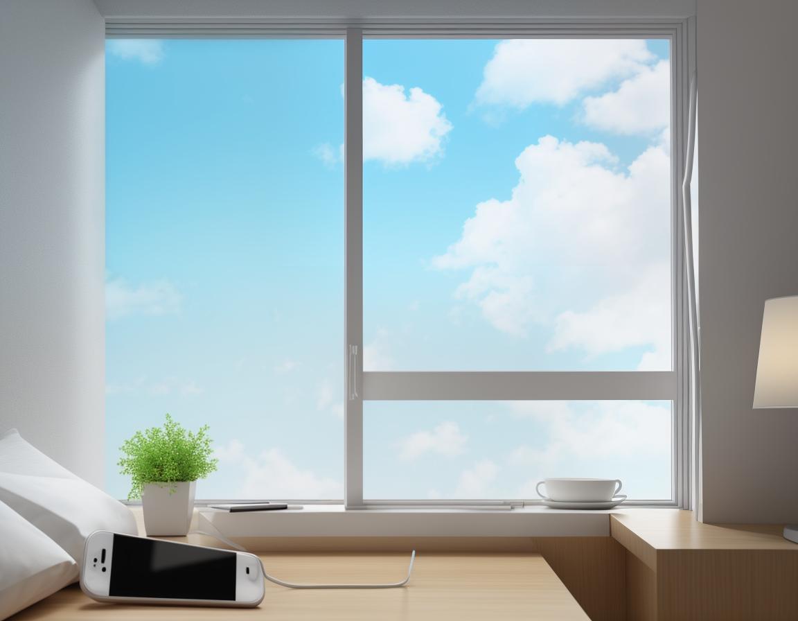  reading emails on mobile phone inside the room with window boked background, clean simple design, photo realistic