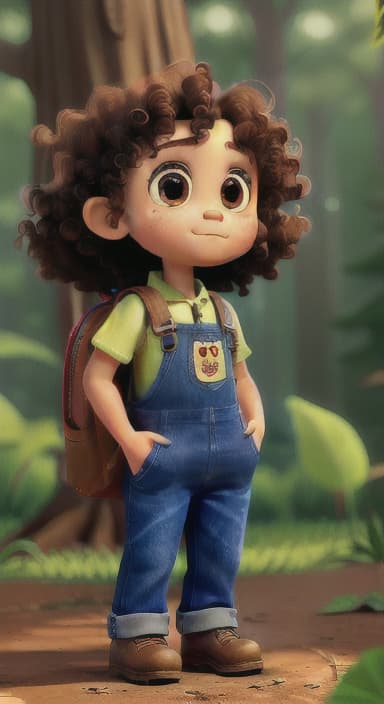  {The tree with a twinkling eye, while its leaves gently rustle., Riley, a curious with big brown eyes and curly hair, wearing overalls and carrying a small backpack. Their friend, Skye, a bluebird with shiny feathers.